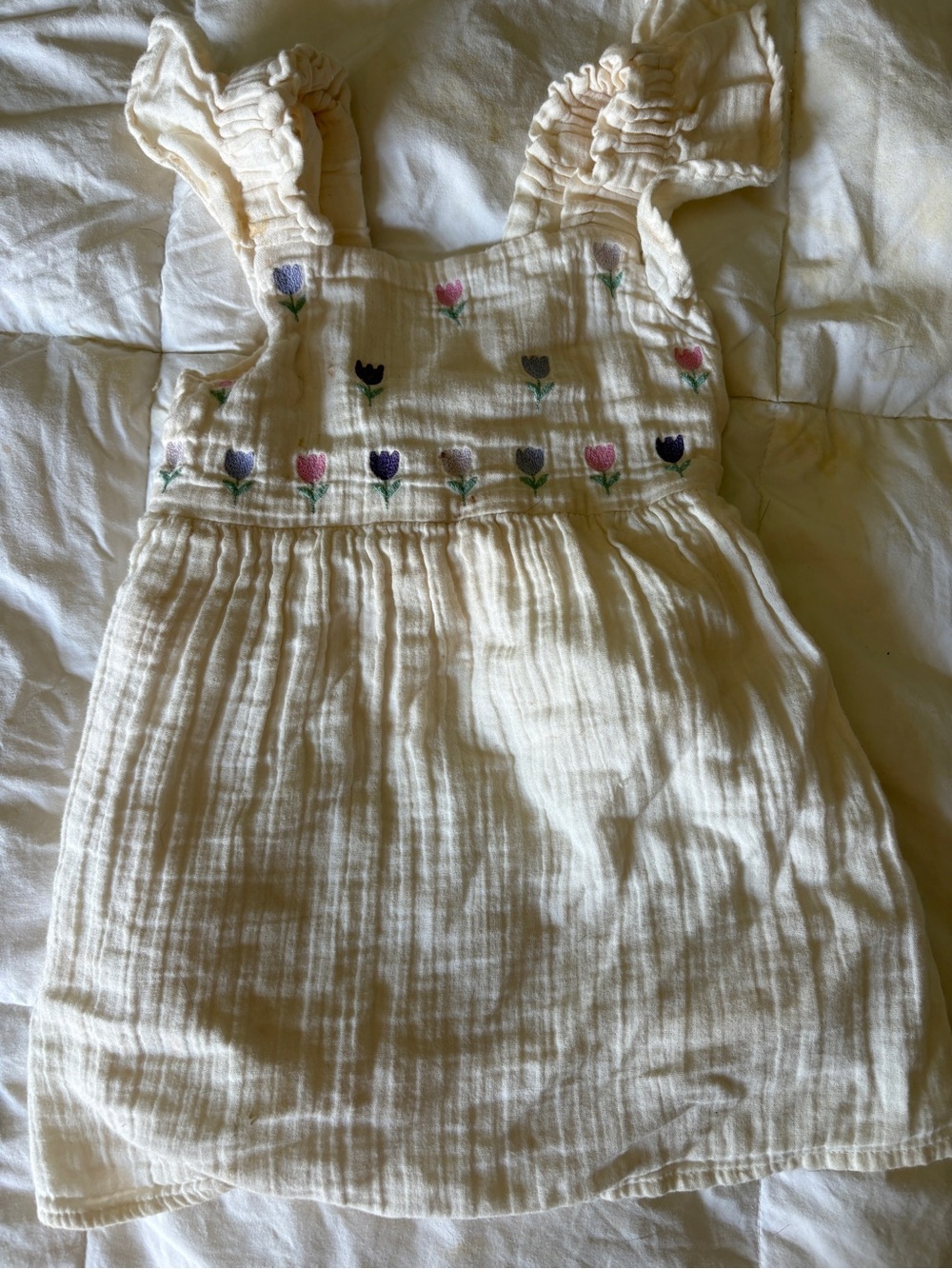 Cream Embroidered Tulip Ruffle Strap Dress - Kids